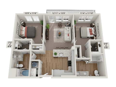 Floor plan for 2 beds, 2 baths, 993 sqft